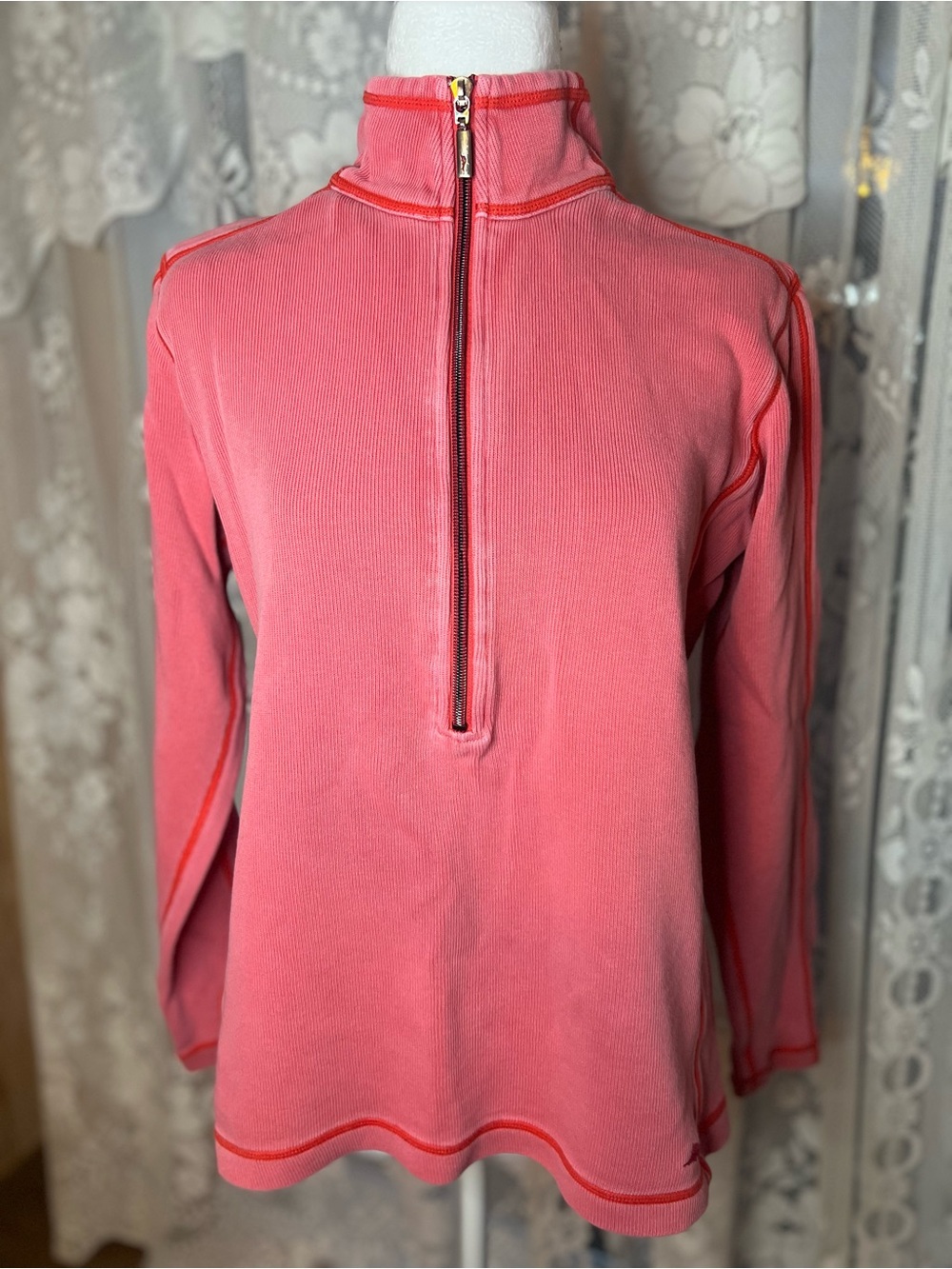 Tommy Bahama Coral Pink Half-Zip V-Neck Sweater 100% Cotton Small